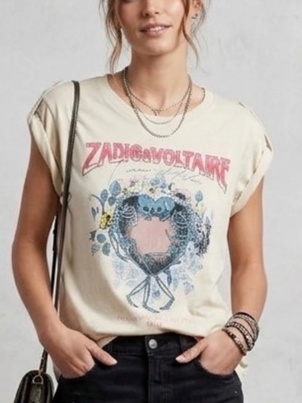 Zadig & Voltaire Cream Graphic Short Sleeve Tee with Pink & Blue Print
